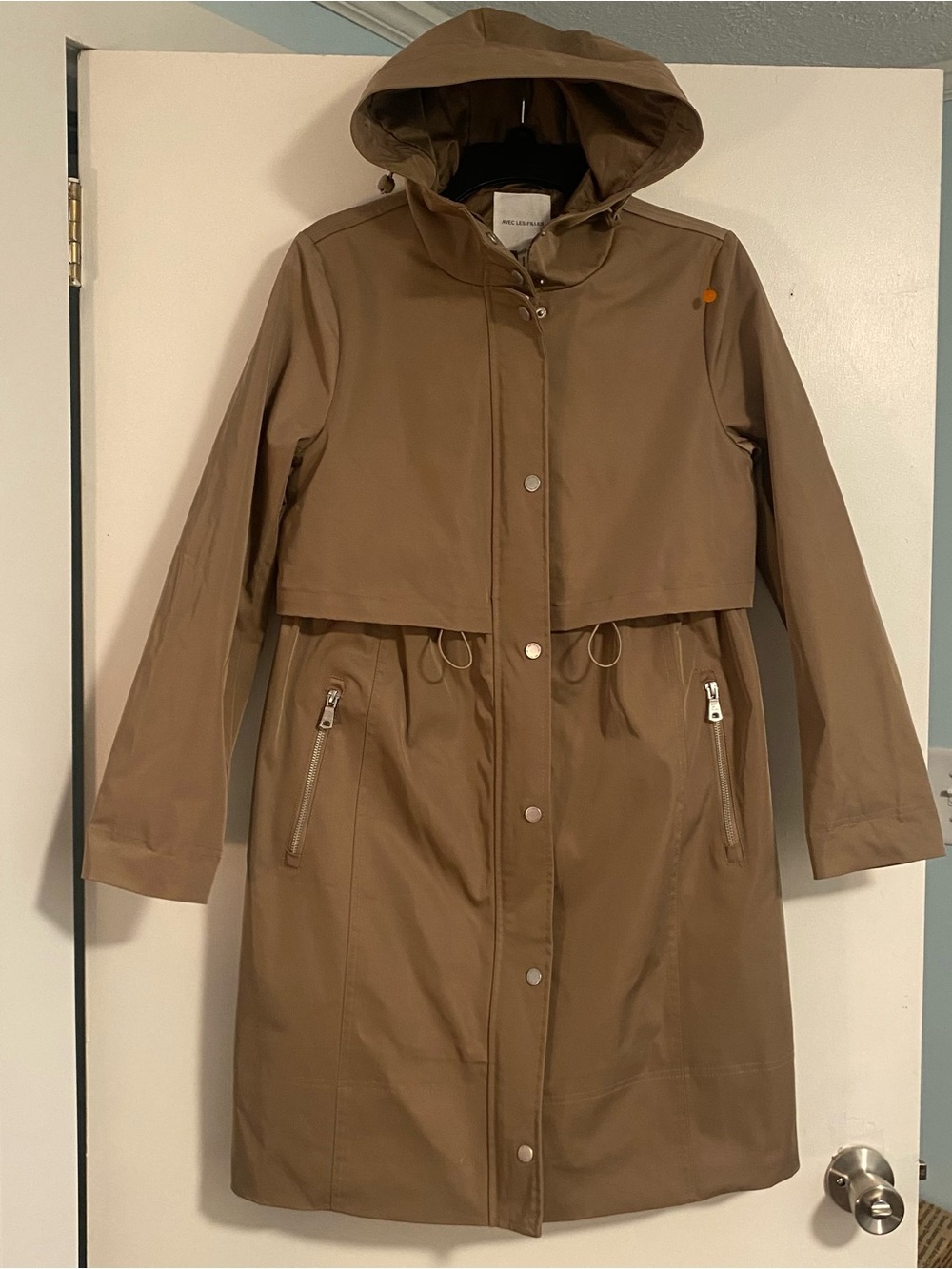 NWOT Avec Les Filles Hooded Long Raincoat Women’s XS Waterproof Tan/Beige Trench
